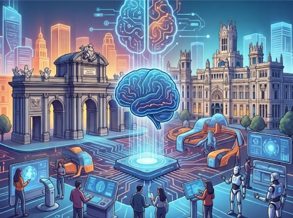 AI show and tell Madrid poster: a Madrid street scene with circuitry, brains and robots.