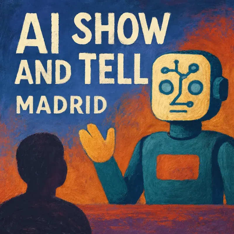 AI show and tell Madrid poster: a robot waving at a person across a table.